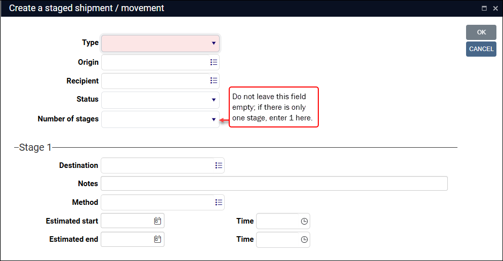 Create a staged shipment / movement